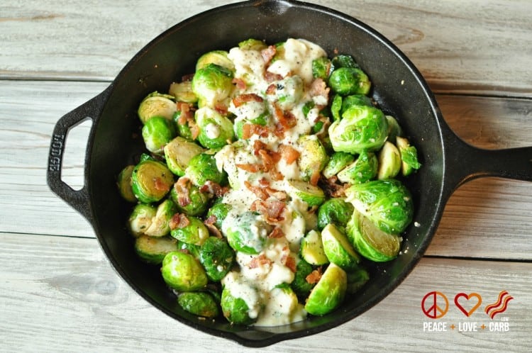 Skillet Roasted Bacon Brussels Sprouts with Garlic Parmesan Cream Sauce | Peace Love and Low Carb 