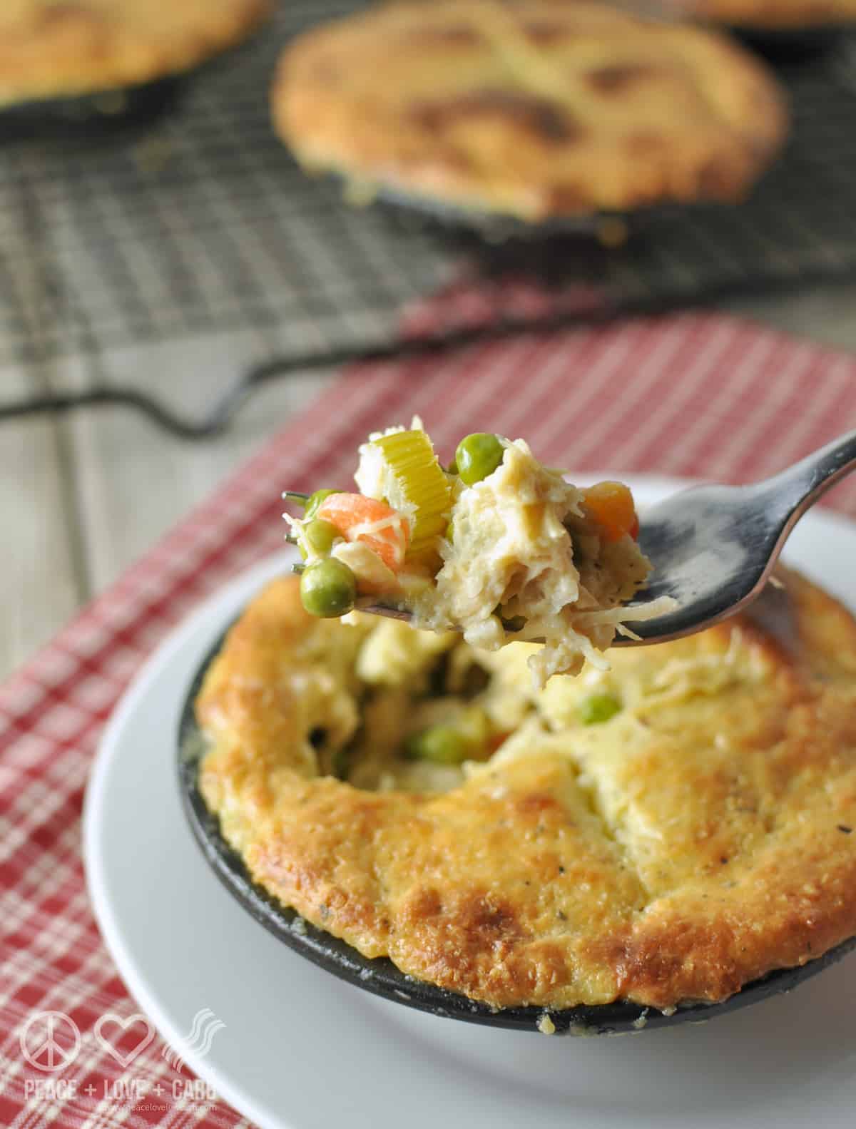 A small chicken pot pie sits on a white plate on top of a red and white gingham tablecloth. A forkful of pot pie hovers above the pie while two more pot pies cook on a black rack in the back of the frame.