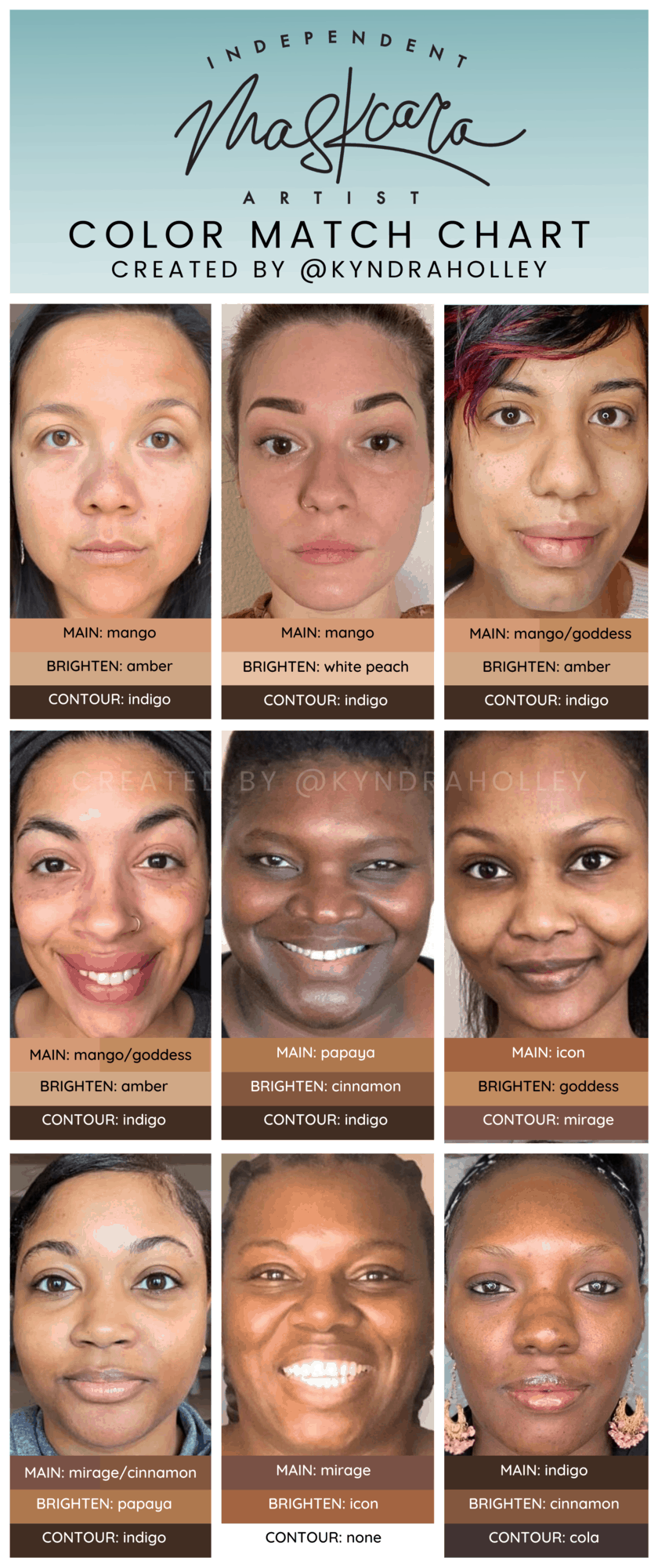 A portrait orientation graphic with a light teal ombre fade. At the top of the image, the text reads "Independent Maskcara Artist." Within the image are 9 selfies of women with tan and deep skin tones and their respective color match.