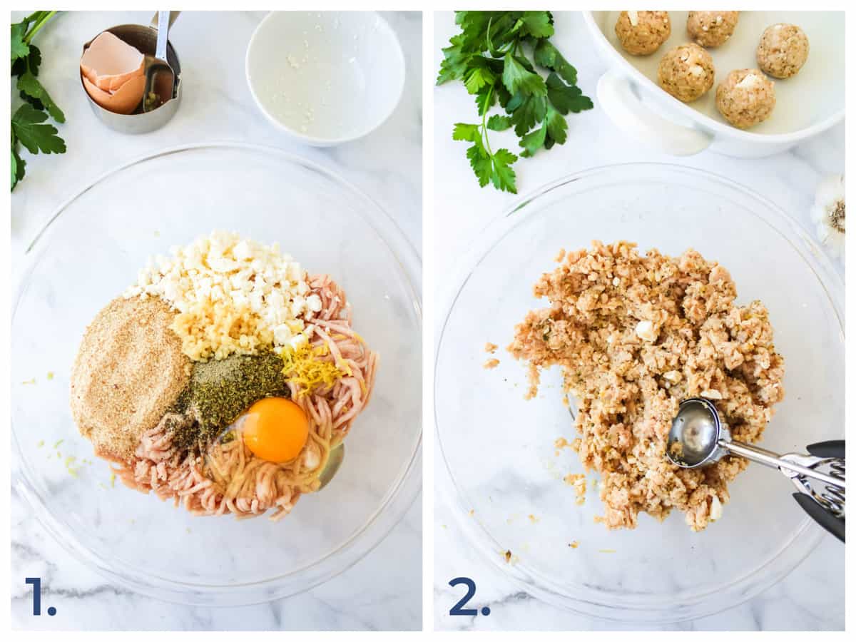 Left - Ingredients in a mixing bowl for Greek Chicken Meatballs - Right - same ingredients all mixed up