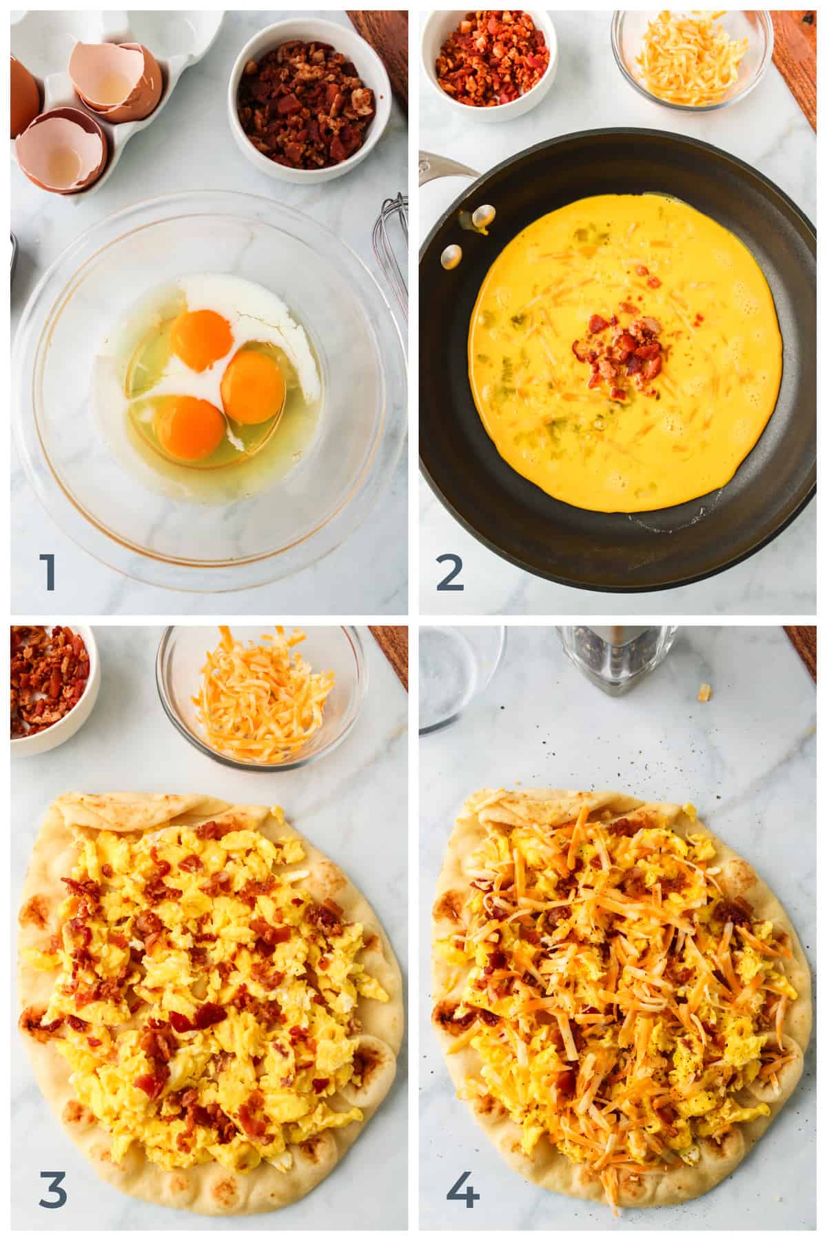 step by step photo instructions for how to make a naan breakfast pizza with bacon, cheese and eggs