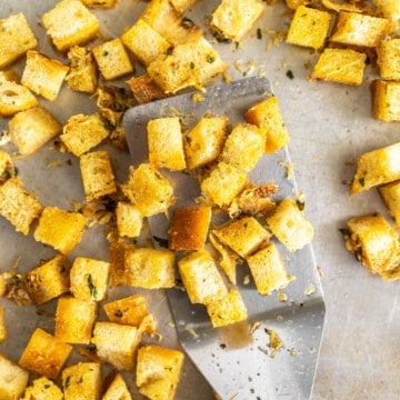 baking tray full of fresh cooked homemade croutons