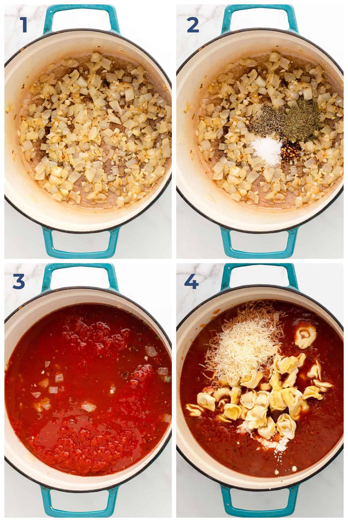 Step by step instructions for how to make tortellini tomato soup in a dutch oven