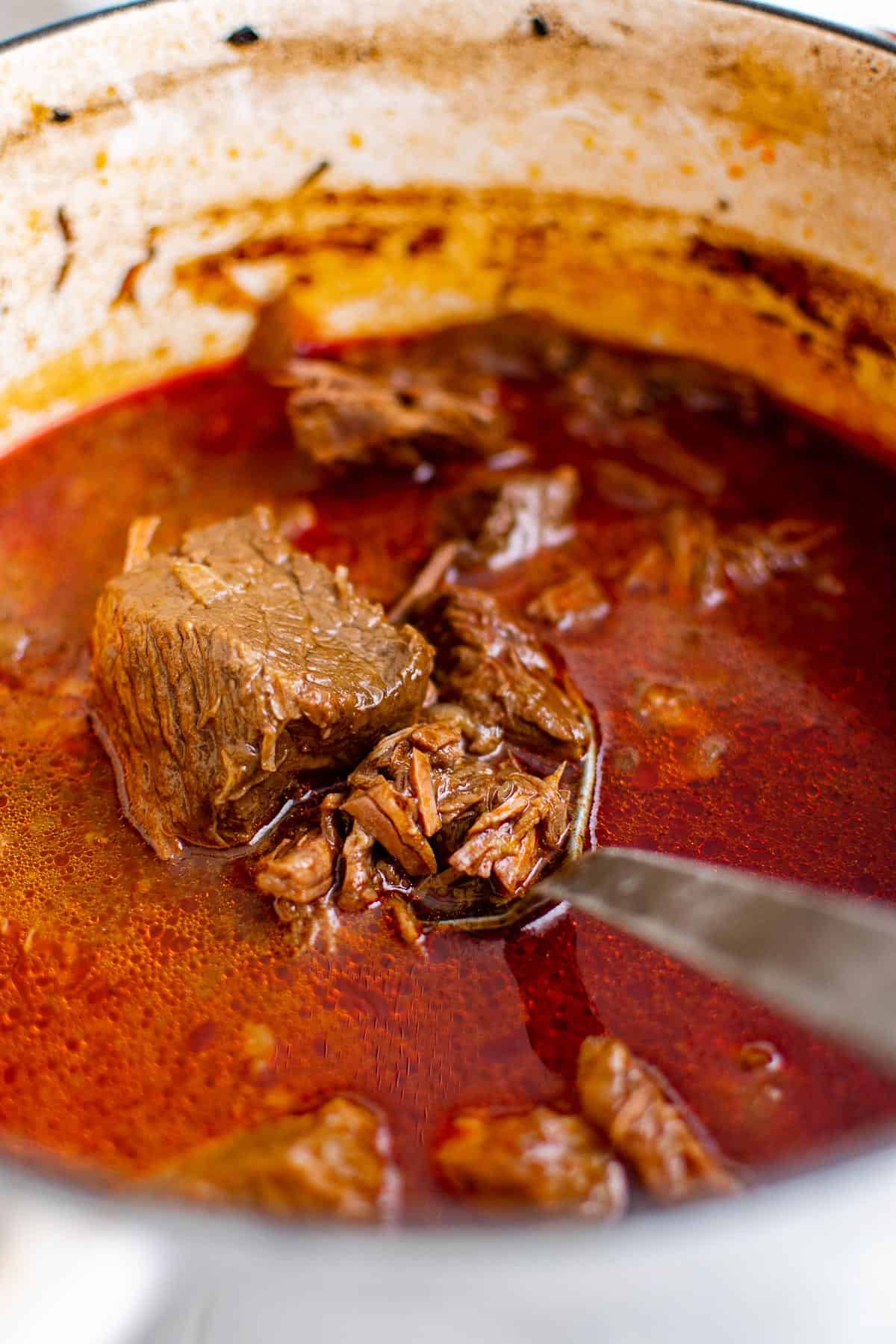 a dutch over full of slow simmered Mexican beef stew