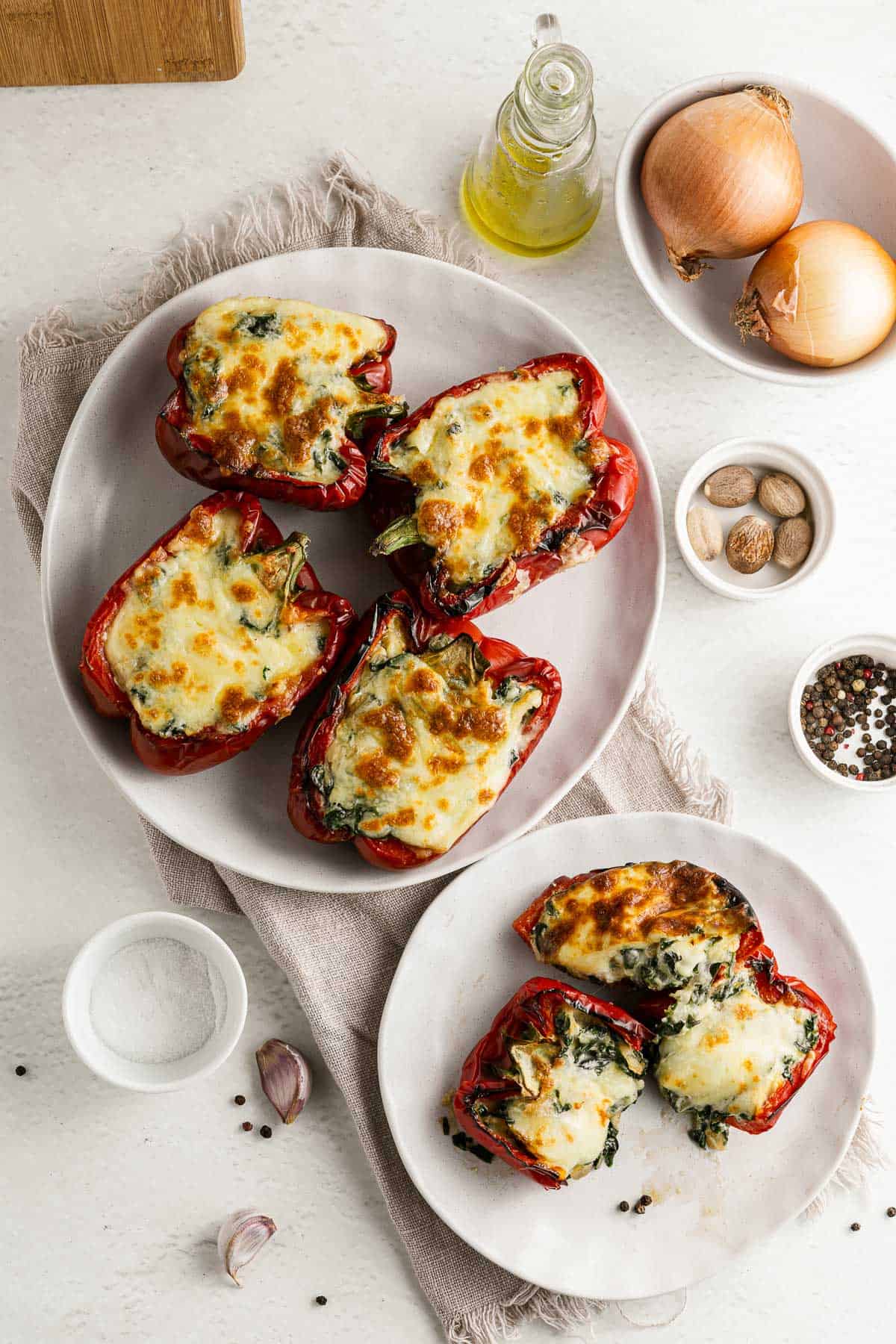 baked red bell peppers, stuffed with cheese, spinach, onion, and garlic