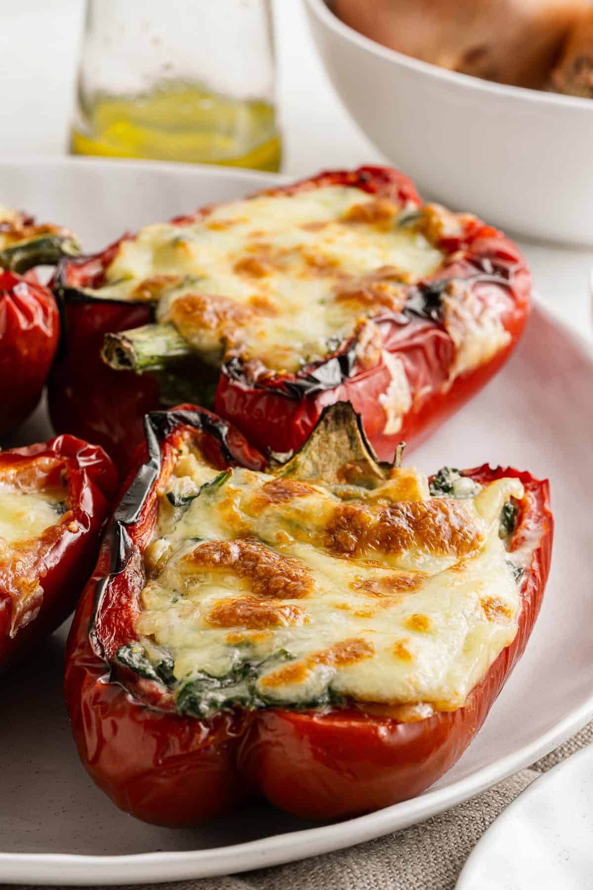 baked red bell peppers, stuffed with cheese, spinach, onion, and garlic