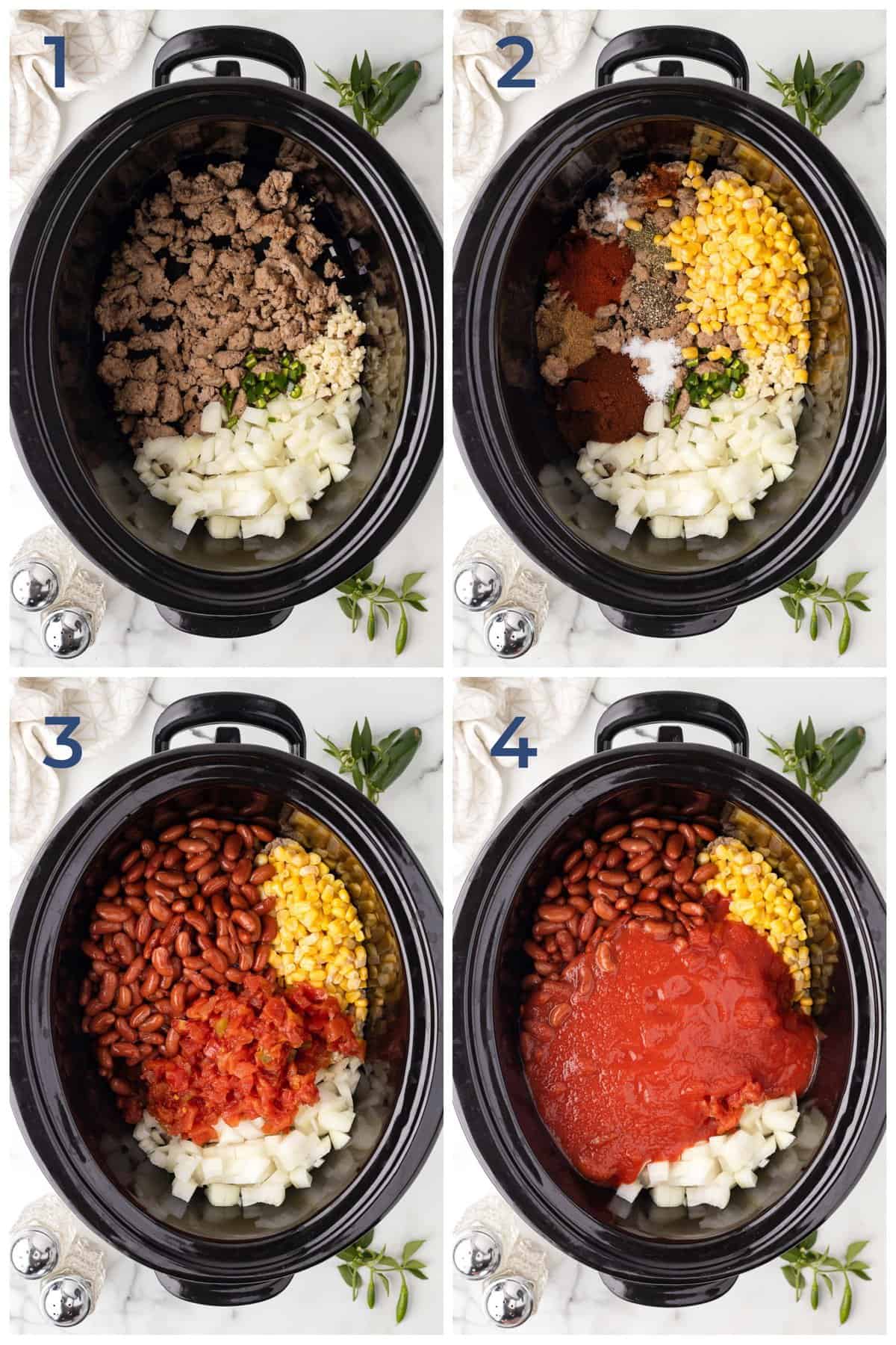 Slow cooker with ingredients for chili - turkey, beans, onion, garlic, tomatoes, corn, seasoning
