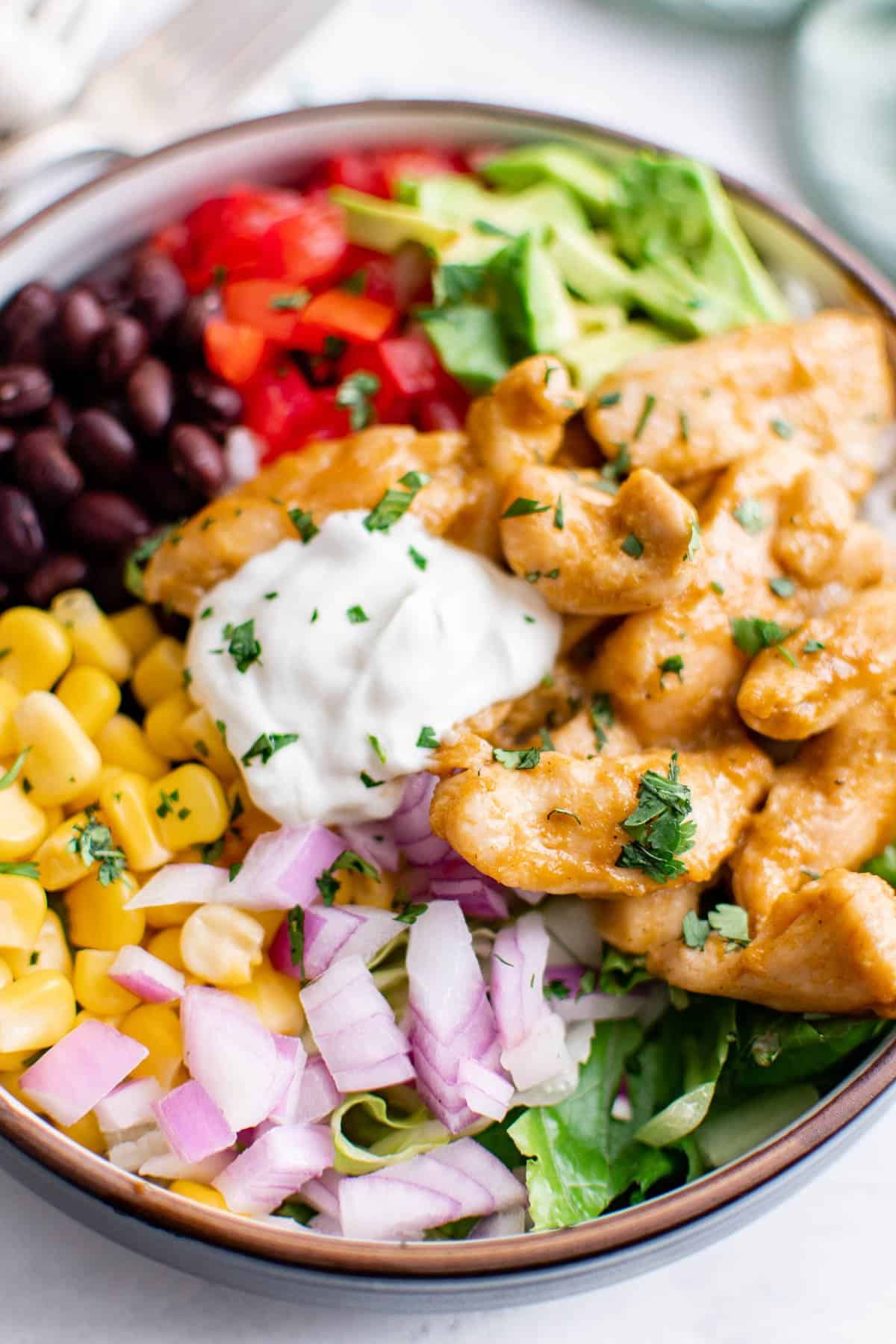 a burrito bowl, filled with chicken, onion, corn, beans, rice, avocado, and sour cream