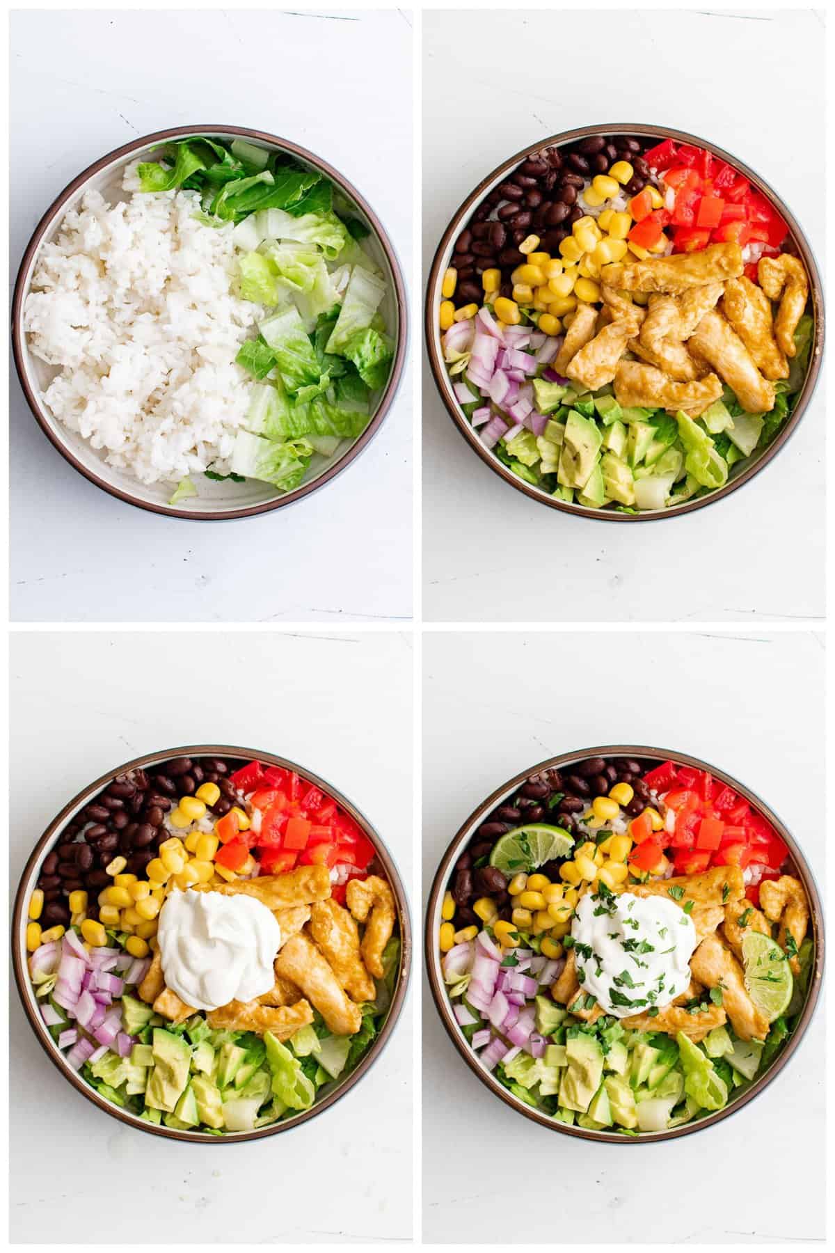 step by step instructions for how to build a chicken burrito bowl