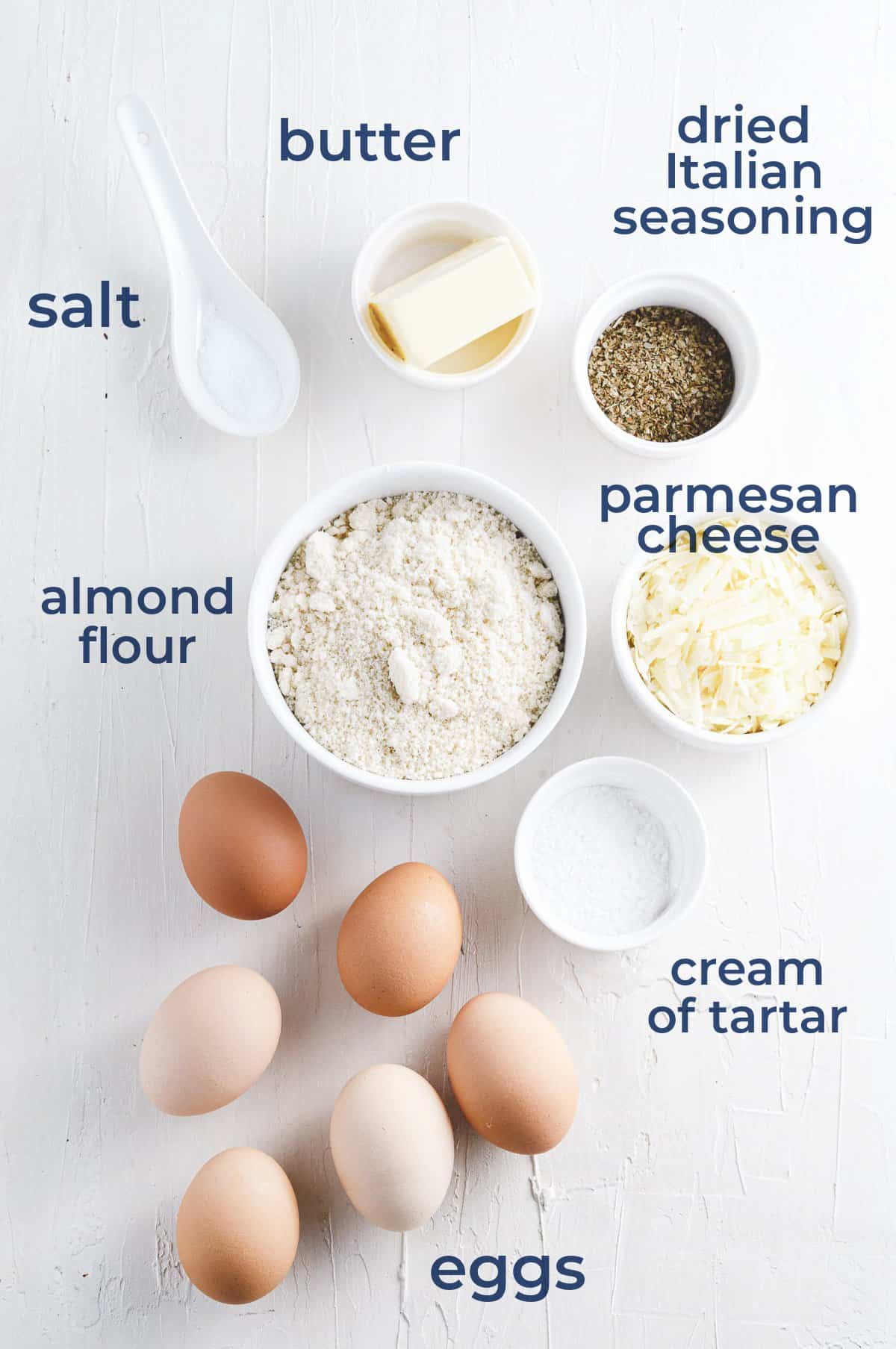 Ingredients all laid out in individual bowls to make a keto bread recipe.