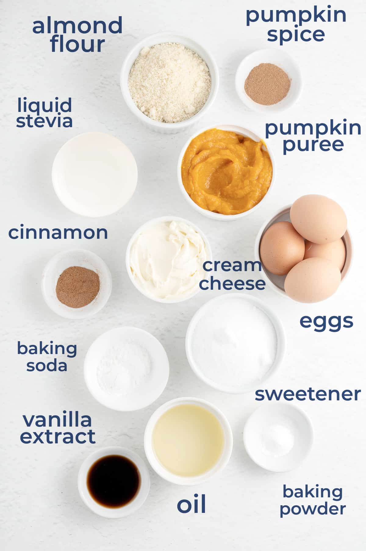 ingredients all laid out in individual containers to make low carb pumpkin cupcakes.