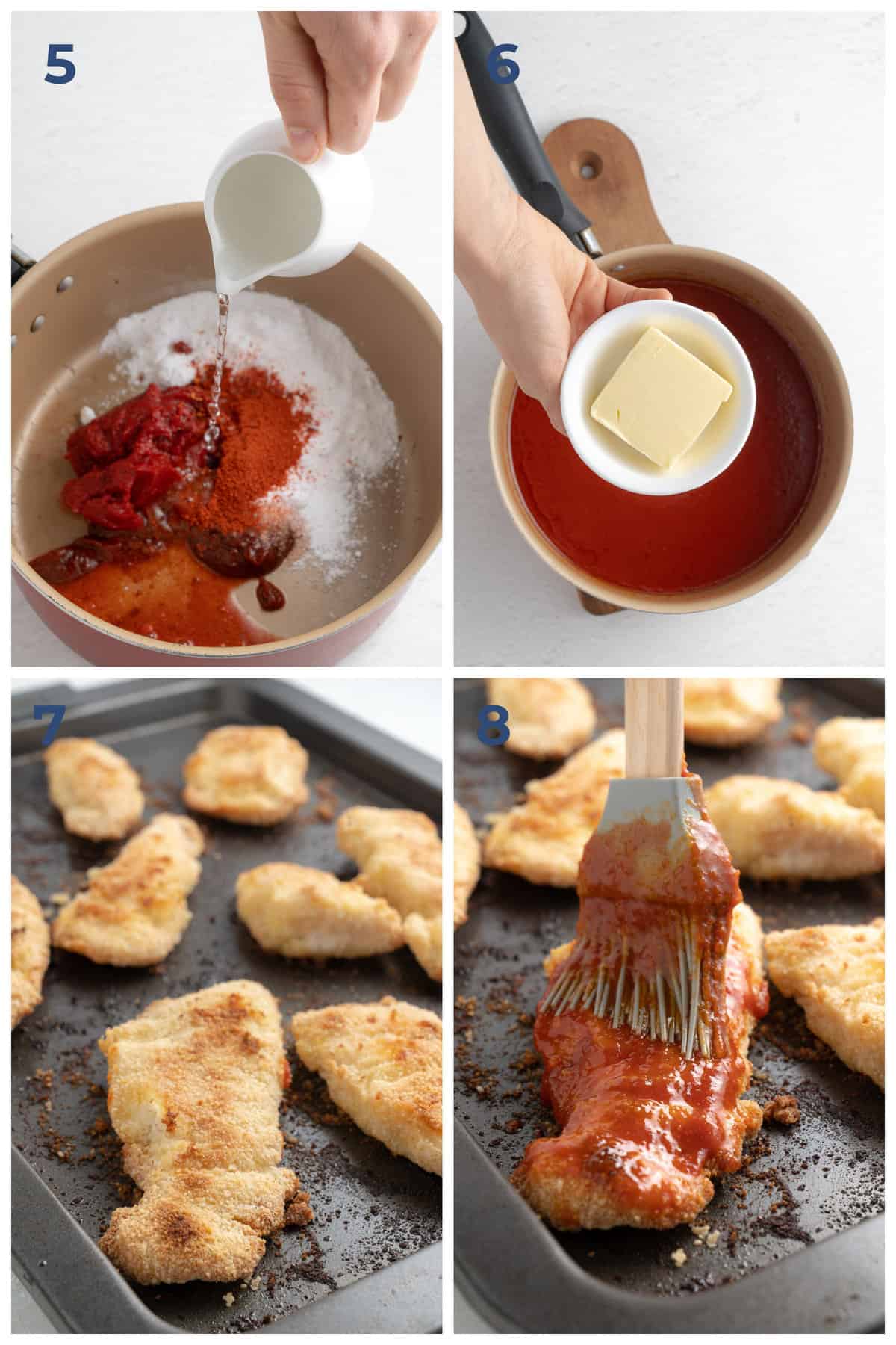 Step by step directions for making a sweet and spicy sauce and tossing chicken tenders in it.