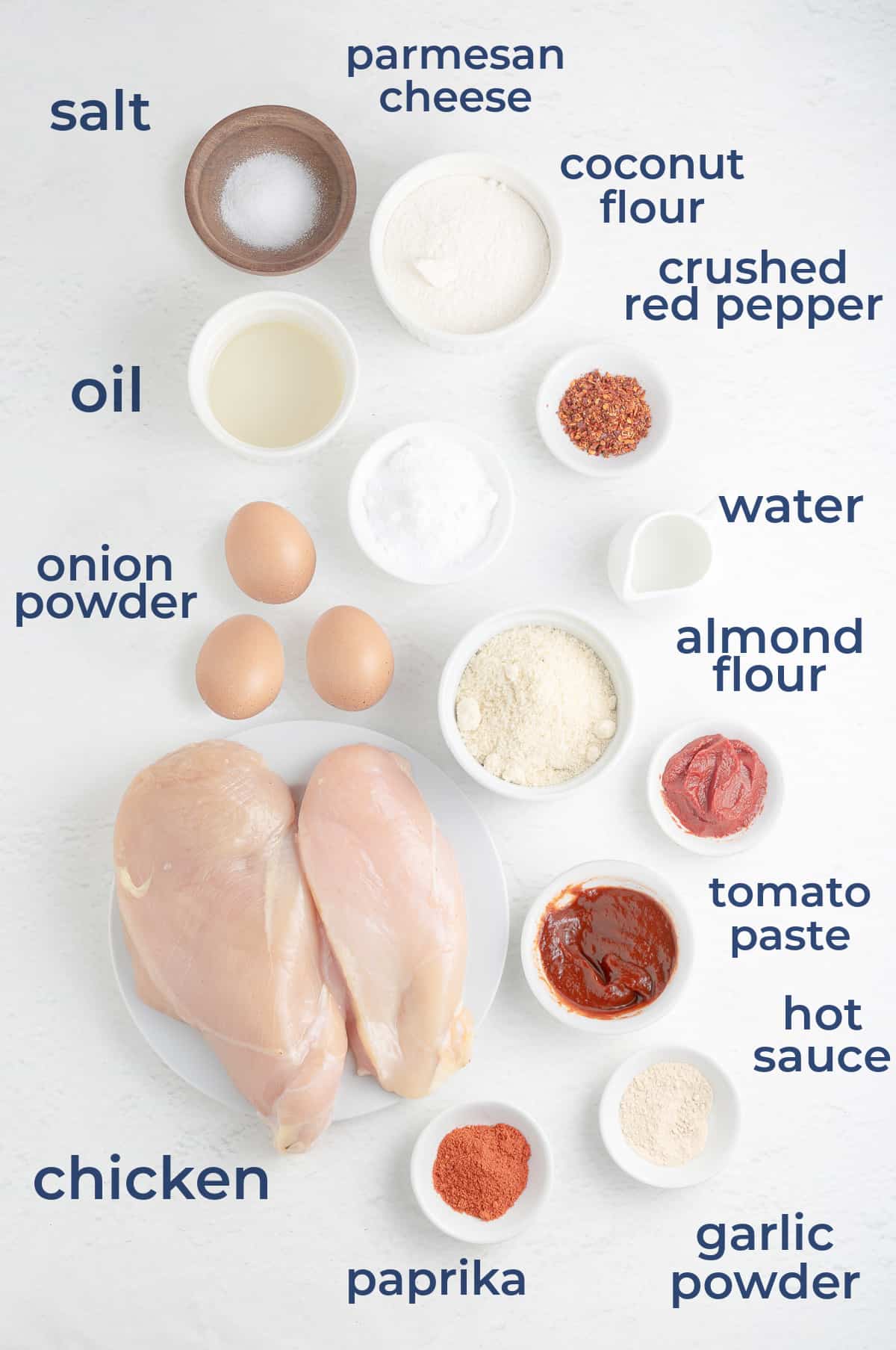 Ingredients all laid out to make keto chicken tenders with a sweet and spicy sauce.