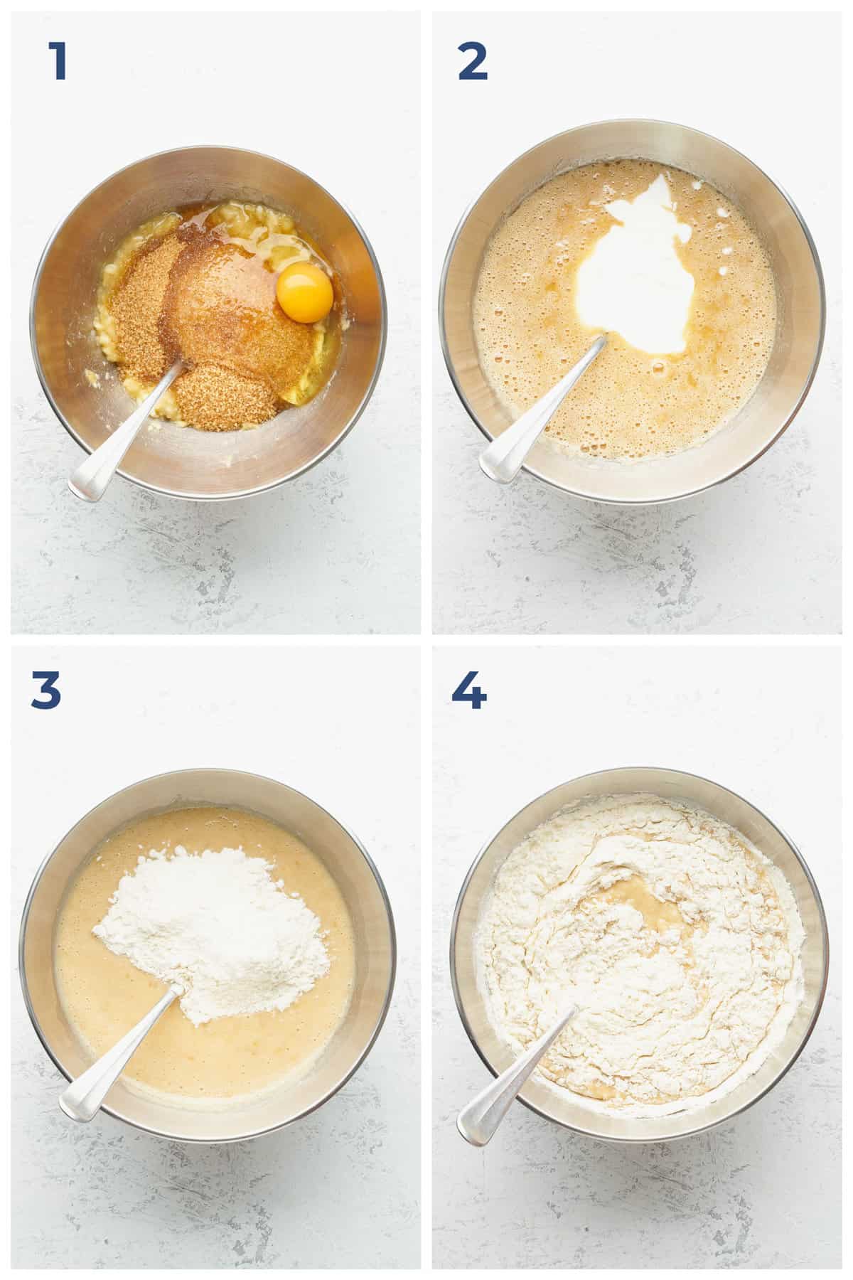Step by step photo directions showing how to make the batter for homemade banana bread with blueberries.