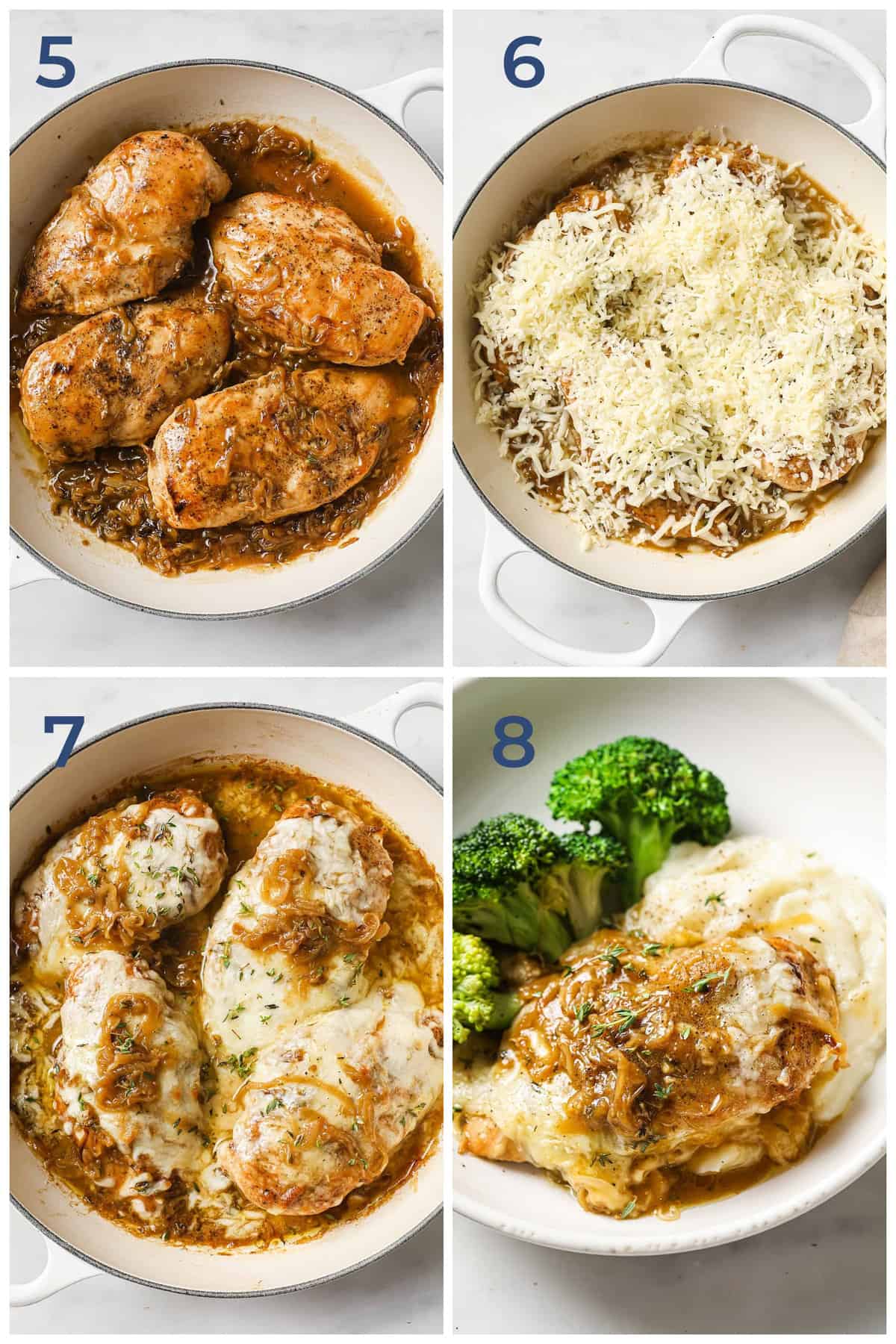 Step by step directions for how to make a one pot French onion chicken recipe.