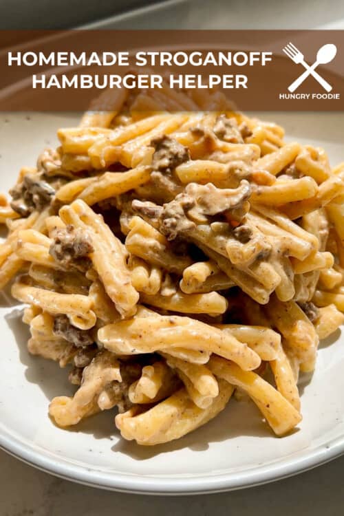 a ceramic bowl with a pasta dish made with ground beef, mushrooms, onions, and a sour cream sauce.