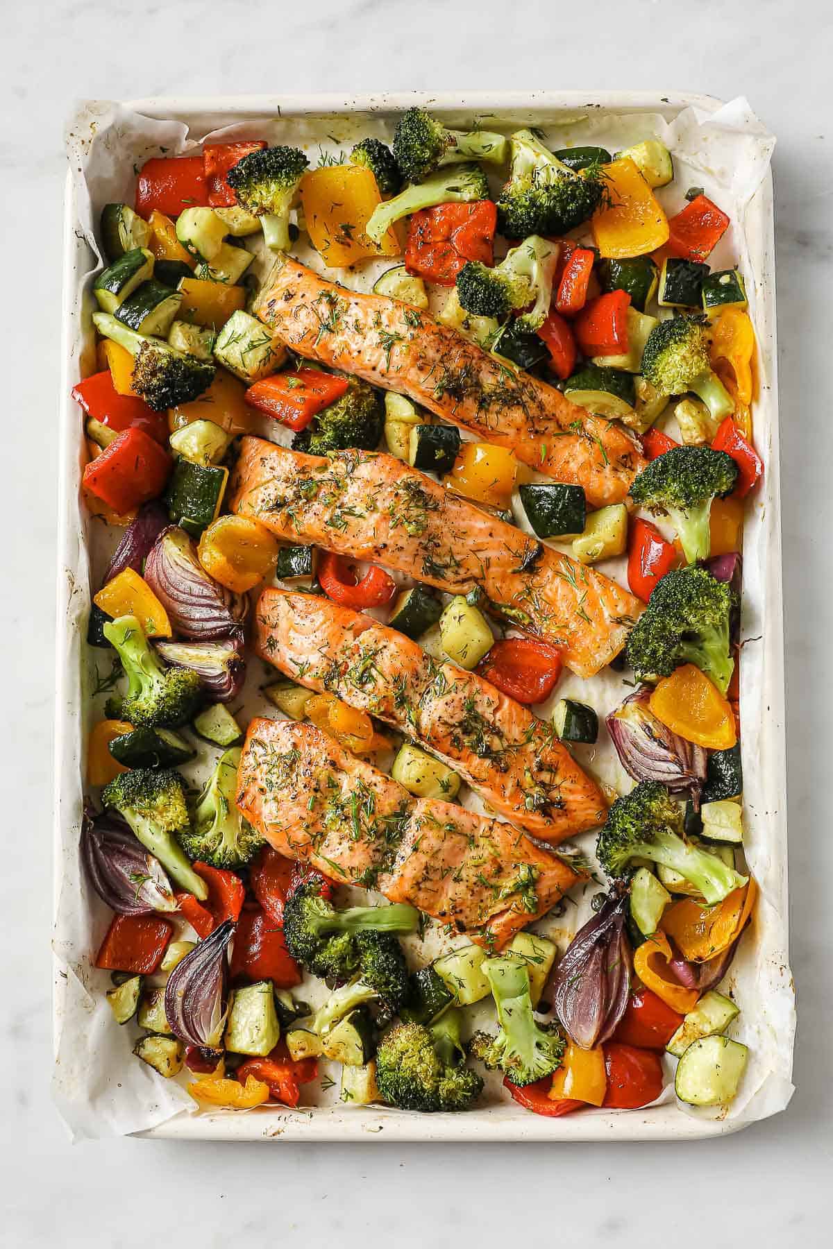A sheet pan meal with salmon, zucchini, broccoli, red onion, peppers, capers, garlic, olive oil and spices.