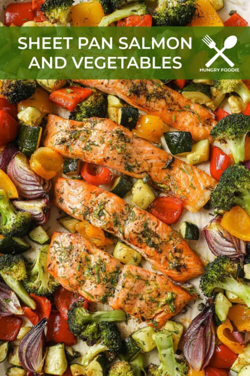 A sheet pan meal with salmon, zucchini, broccoli, red onion, peppers, capers, garlic, olive oil and spices.