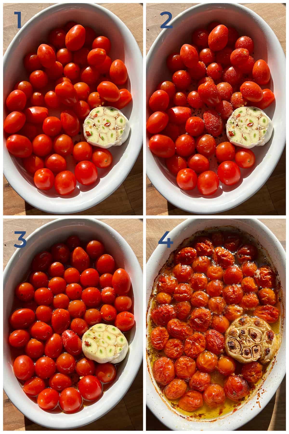 Step by Step Photos for how to make oven roasted tomatoes in olive oil, with garlic.